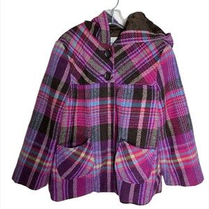 Cherokee Girls Plaid Hooded Button Pink Brown Coat